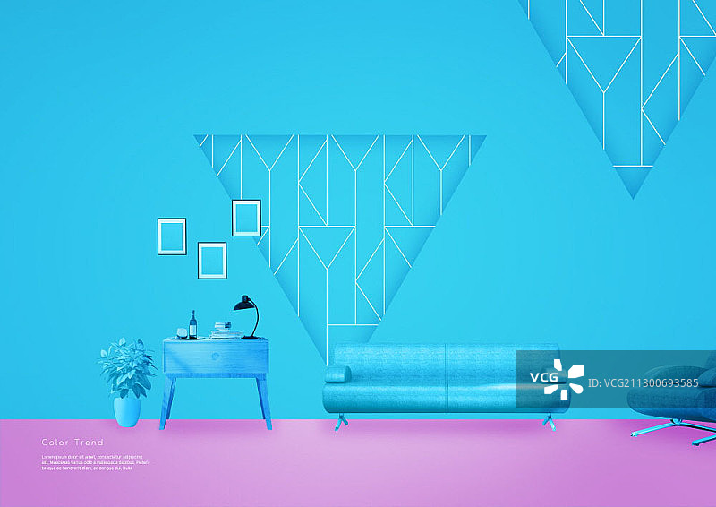 室内设计为倒三角蓝色图案与沙发、书桌的组合图片素材
