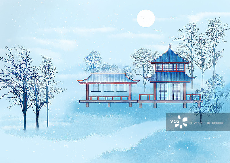 手绘小雪节气国风意境风景插画图片素材