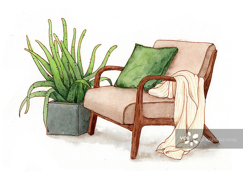 手绘水彩钢笔淡彩绿植沙发椅家居插画图片素材