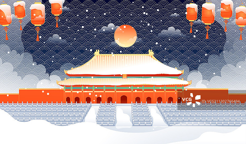 下雪天的北京故宫古建筑矢量插画图片素材