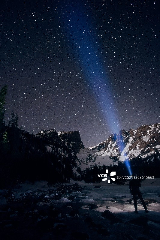 美国科罗拉多州埃斯特斯公园，一个人的剪影站在夜空下的雪山上图片素材
