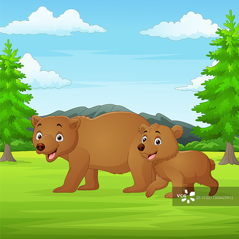 卡通妈妈和小熊在丛林里图片素材