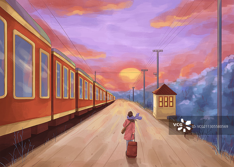 火车与回家的女孩唯美清新插画图片素材