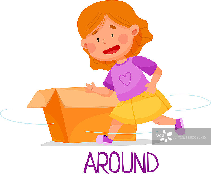 红头发的小女孩围着纸盒跑来跑去图片素材
