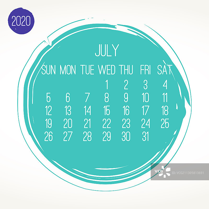2020年7月月笔画日历图片素材