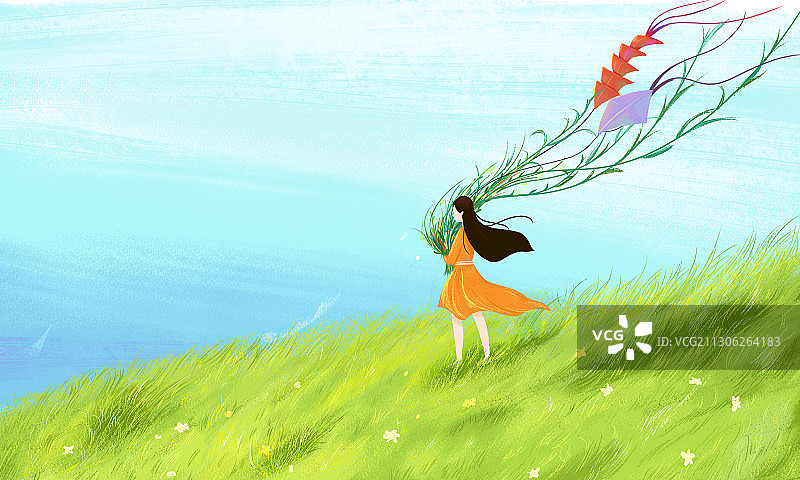 小清新卡通女孩迎风抱花草风筝站立草地的场景插画图片素材