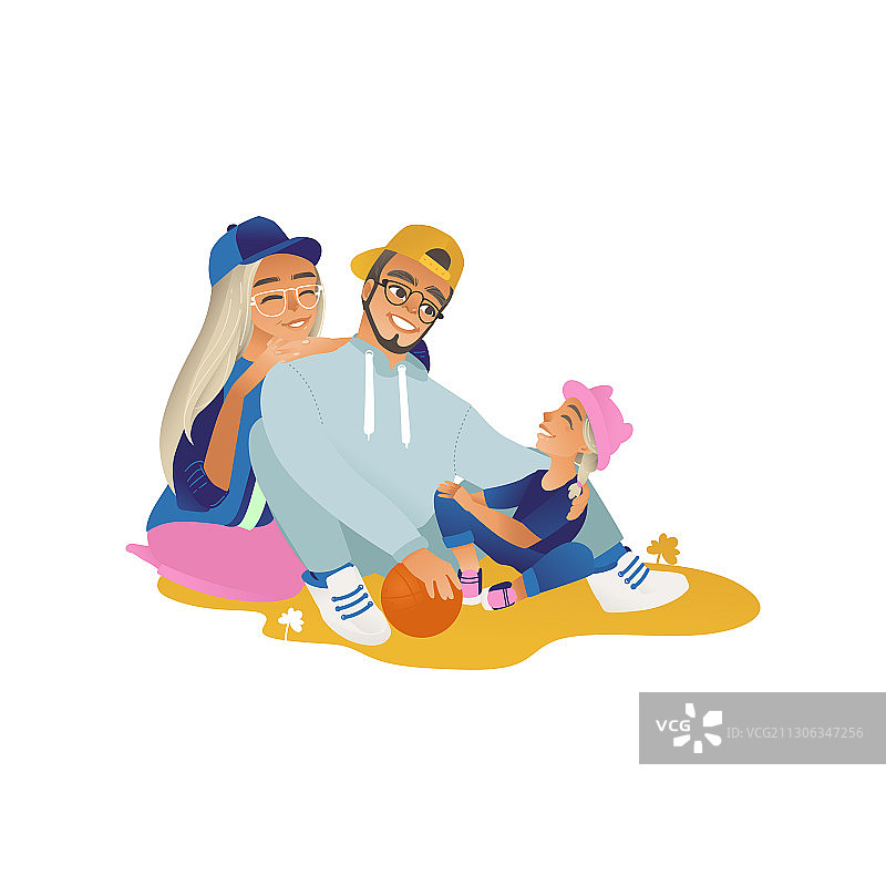 快乐的卡通家庭在运动服装坐和图片素材
