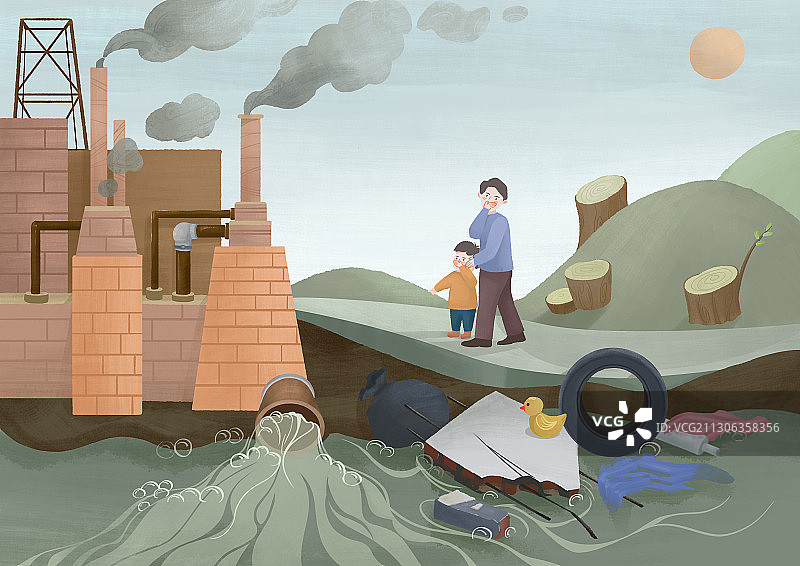 小清新化工厂排污树木砍伐严重垃圾乱扔雾霾严重环境污染插画图片素材