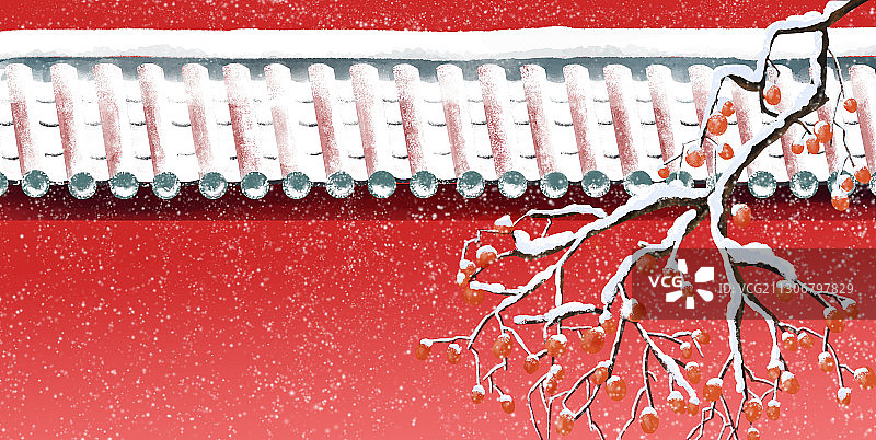 冬季24节气红墙柿子雪景插画图片素材