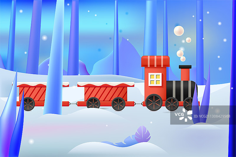 圣诞节一辆红色的小火车下雪的冬天森林里奔跑海报背景插画图片素材