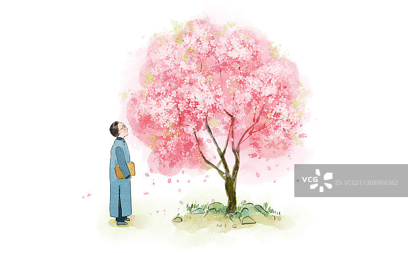 桃花树下的人插画图片素材