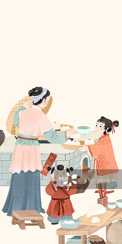 中国古代传统年俗腊月二十九蒸馒头插画图片素材