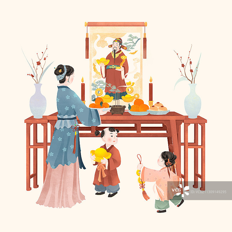 中国古代传统年俗大年初二祭财神插画图片素材