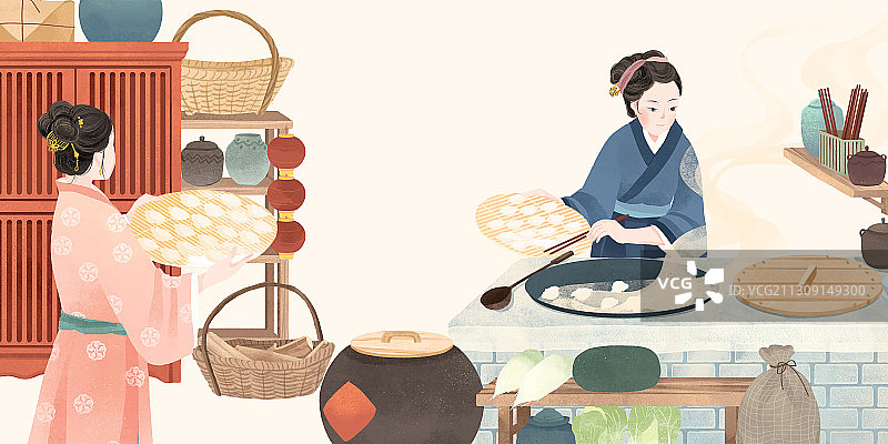 中国古代传统年俗大年初五吃饺子插画图片素材