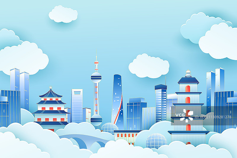 卡通中国上海城市地标建筑生活方式建筑群中国风国潮矢量插画图片素材