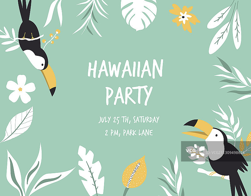 夏威夷卡片，巨嘴鸟花和棕榈图片素材