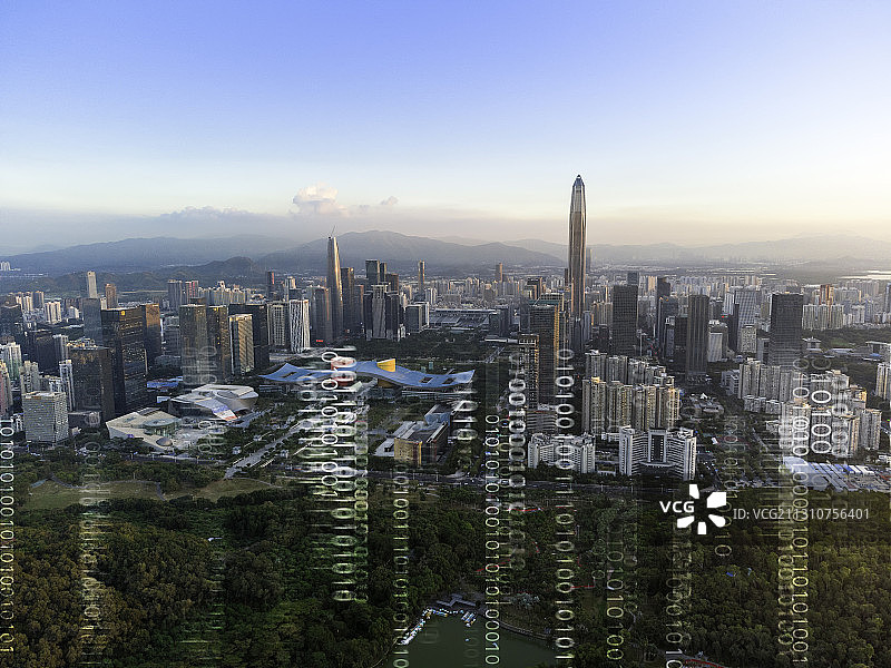 深圳福田CBD城市天际线和大数据科技概念图片素材
