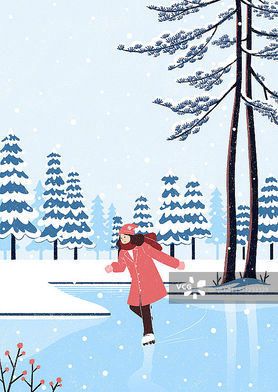 小清新扁平插画在雪景中滑冰的女孩图片素材