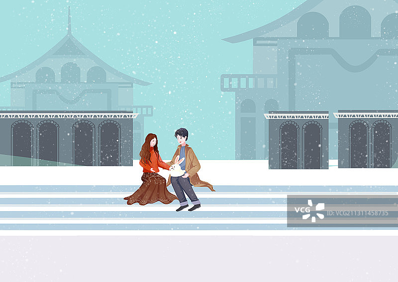 小清新飘雪的冬季街道上情侣约会场景插画图片素材