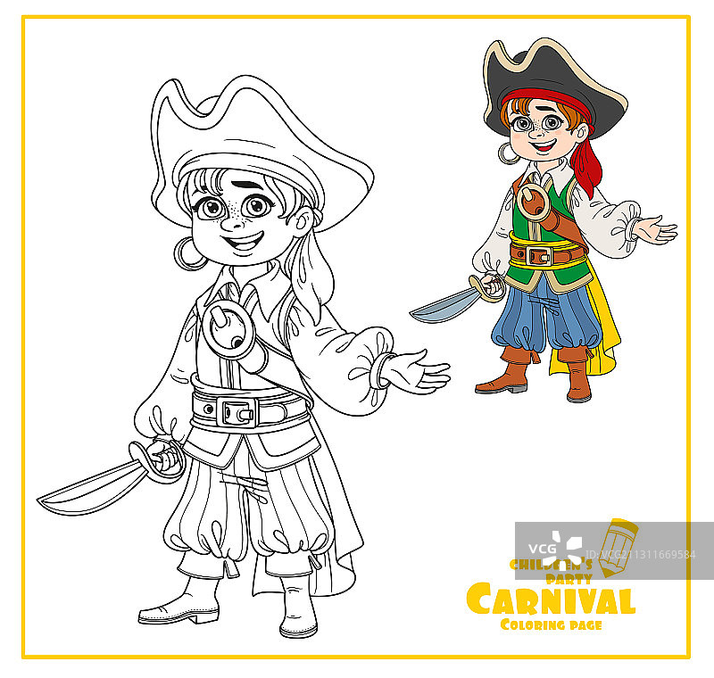 可爱的男孩在海盗服装的颜色和轮廓图片素材