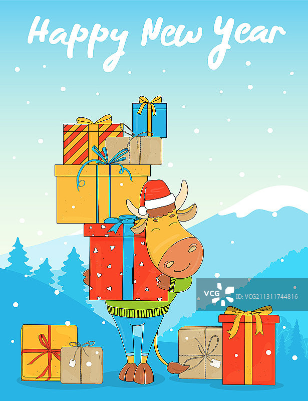 戴着圣诞帽的公牛和一堆礼盒图片素材