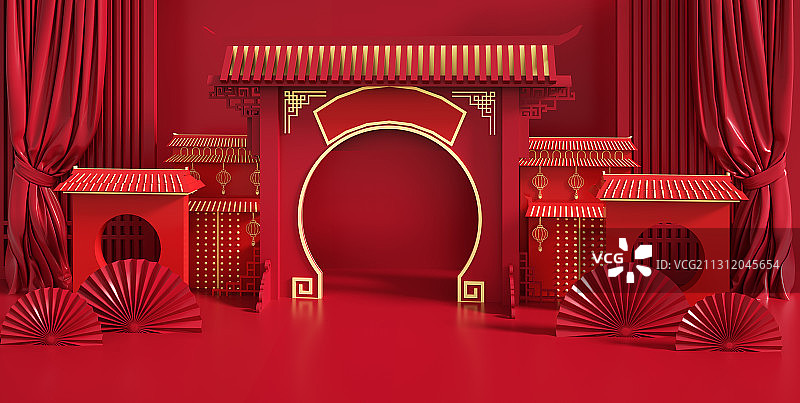 喜庆中国风古建筑C4D元旦节新年场景图片素材