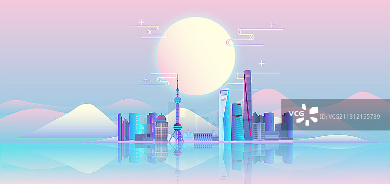 中秋节的上海城市天际线建筑群插画图片素材