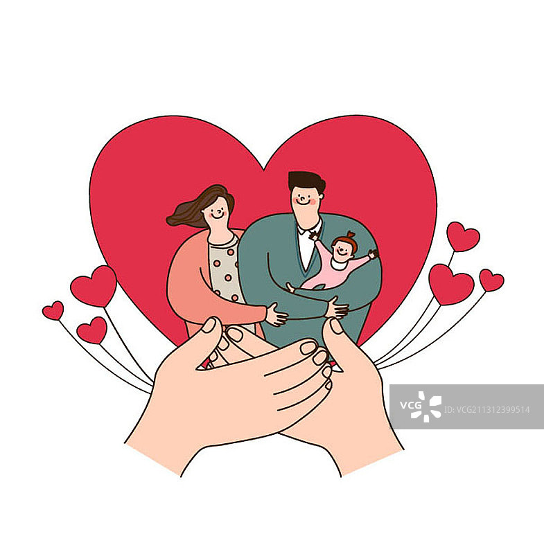 矢量插图的幸福家庭与心脏的背景在人的手图片素材