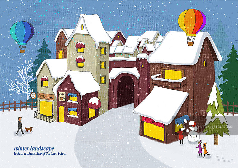 在冬天下雪的天气，用热气球和人们在户外的村庄的插图图片素材