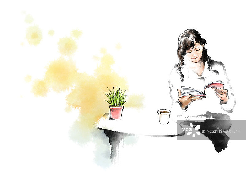 水墨画的女人坐在桌子旁边的花盆和咖啡看书图片素材