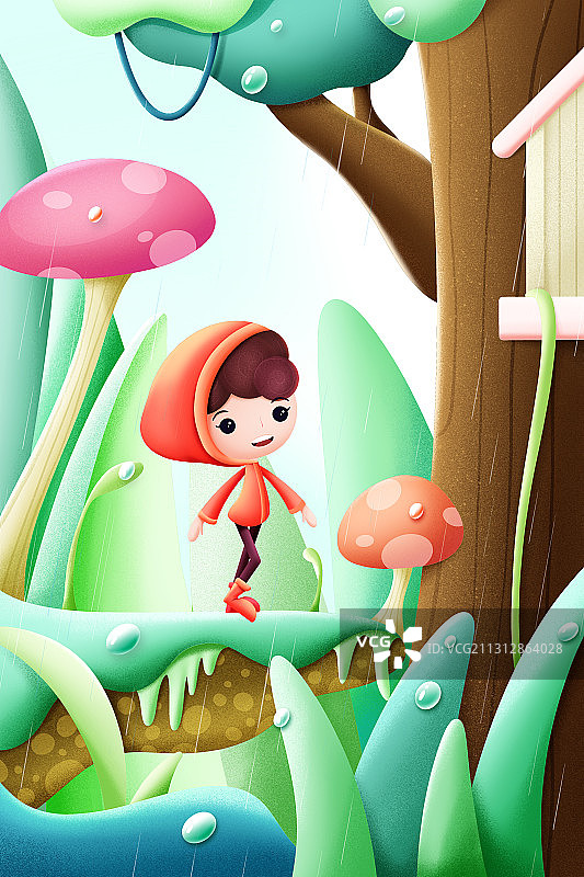 在森林里探险的穿雨衣的小朋友手绘插画图片素材