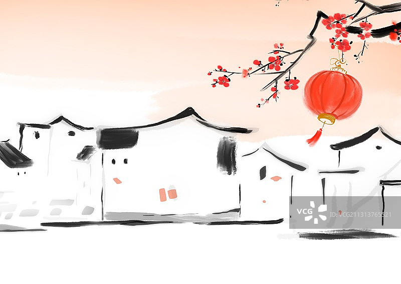 冬季春节江南乡村水墨风景画过年图片素材
