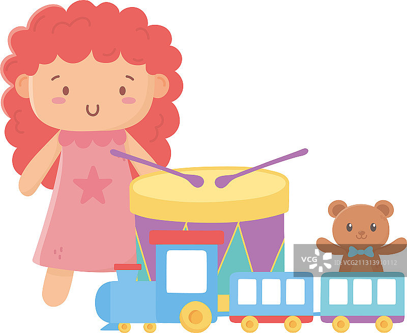 儿童玩具，娃娃，鼓，火车和泰迪熊物体图片素材