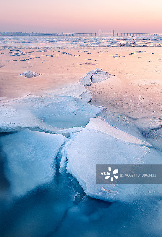 极寒天气来临时冰冻的青岛胶州湾海面图片素材