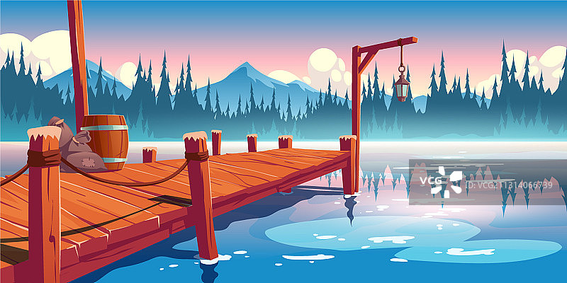 湖、池塘或河流景观上的木栈桥图片素材