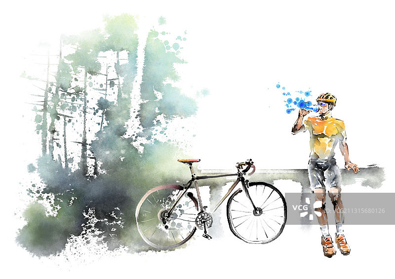 水墨画中的男子骑着自行车斜靠在栏杆上在森林里喝水图片素材