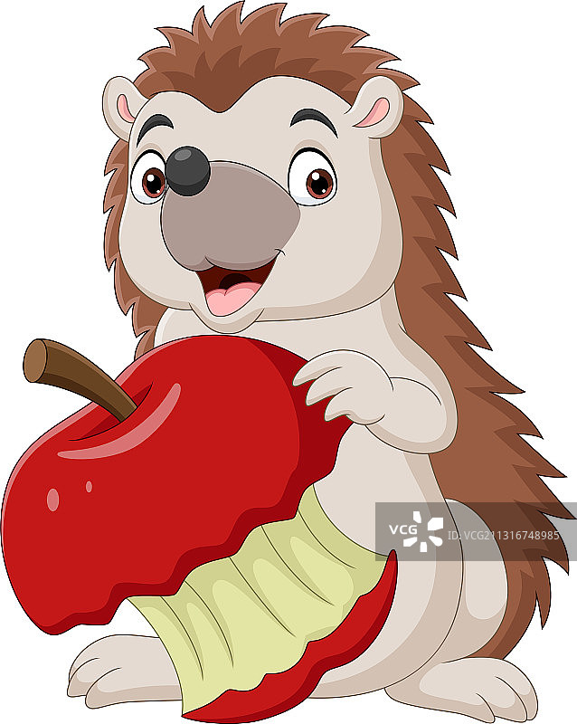 卡通小刺猬抱着被咬过的红苹果图片素材