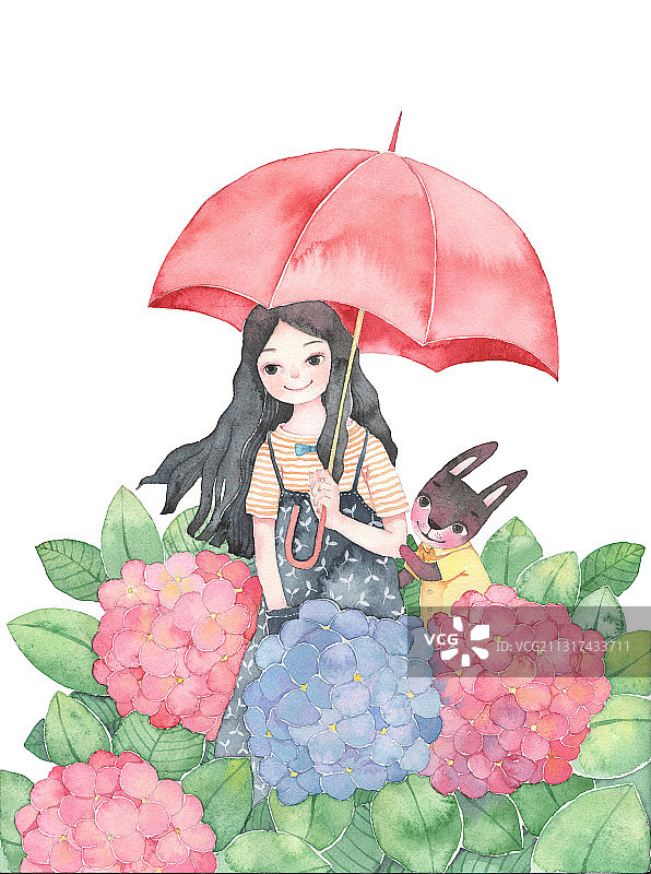 水彩插画-唯美女孩-撑着红色伞的女孩图片素材