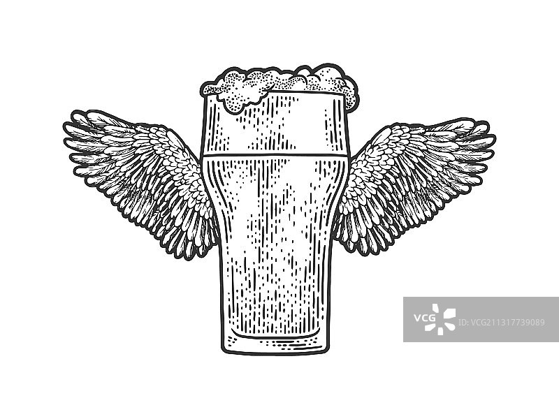 玻璃啤酒和翅膀素描图片素材
