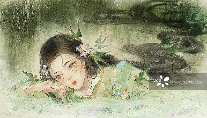 春神——中国风古风人物水墨插水彩画图片素材