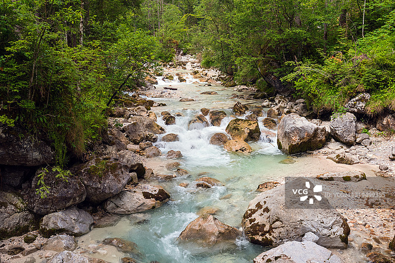 欧洲德国巴伐利亚州贝希特斯加德纳地Hintersee湖附近的一条小溪图片素材