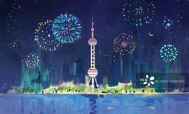 城市，上海，夜晚，烟火，庆祝，著名景点图片素材
