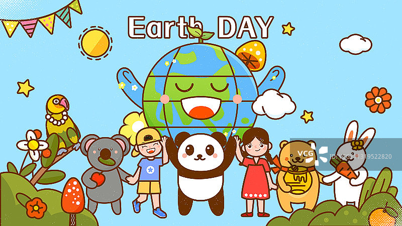 小动物和孩子站在地球前庆祝地球日矢量插画图片素材