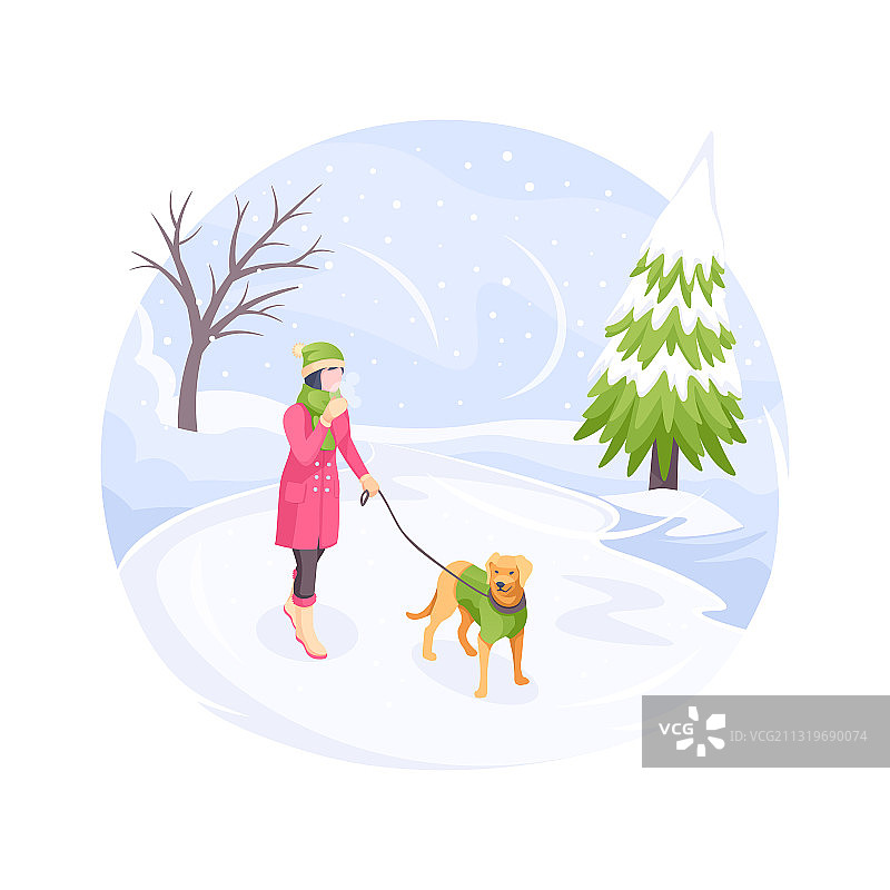 宠物在冬天的雪中散步，寒冷的女人和狗图片素材