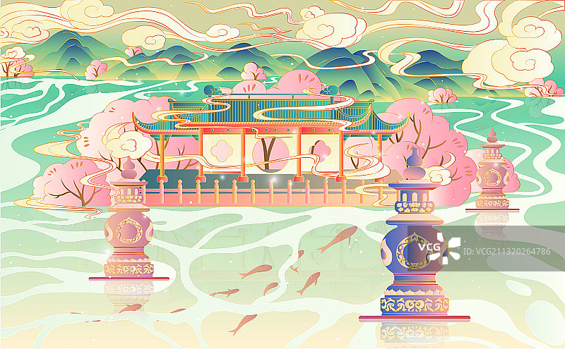 杭州西湖国潮风西湖十景系列风景插画三潭印月图片素材