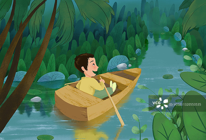 两旁是绿树的河道上划船的小男孩图片素材