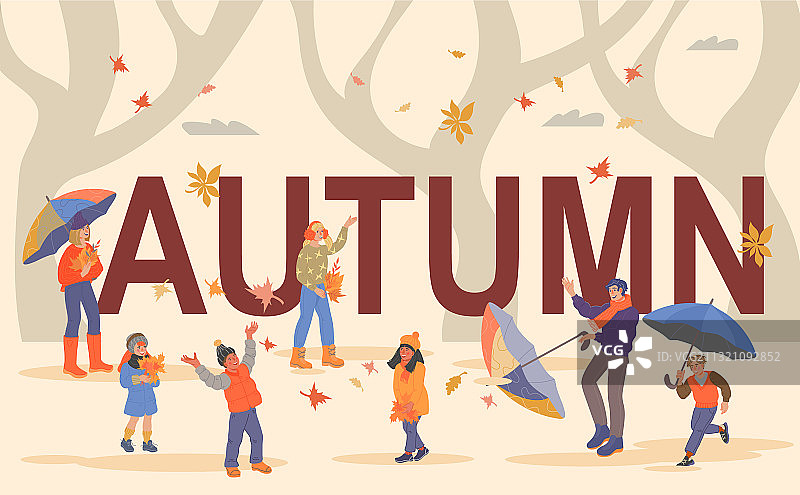 秋天的季节背景与快乐的人平图片素材