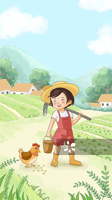 手绘插画五一国际劳动节可爱乡村图片素材