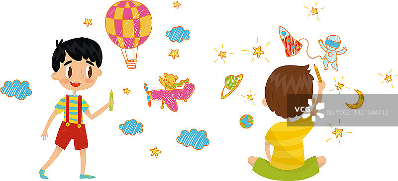 微笑的男孩画着气球和空间图片素材