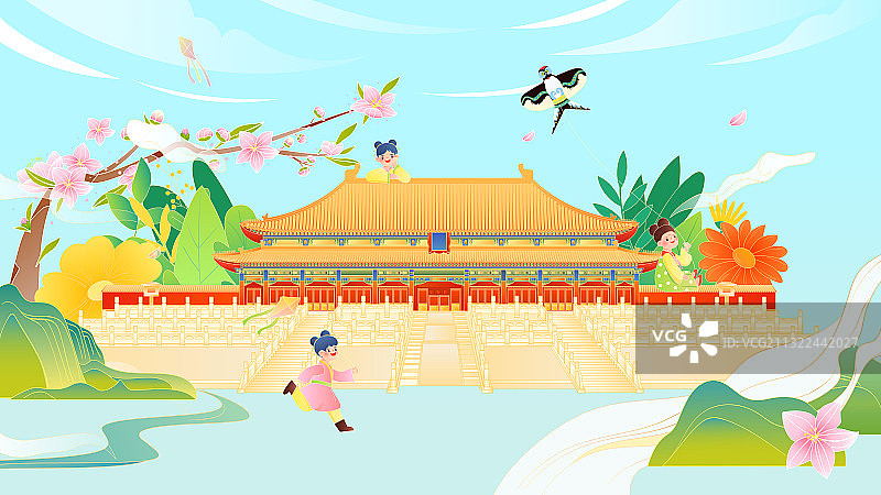 三个儿童奔跑在故宫太和殿前国潮矢量插画海报横图图片素材